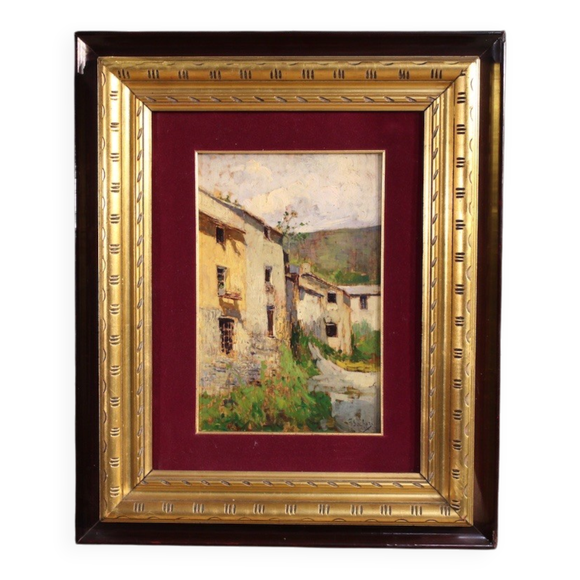 Italian landscape painting view of houses from the 20th century