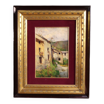 Italian landscape painting view of houses from the 20th century