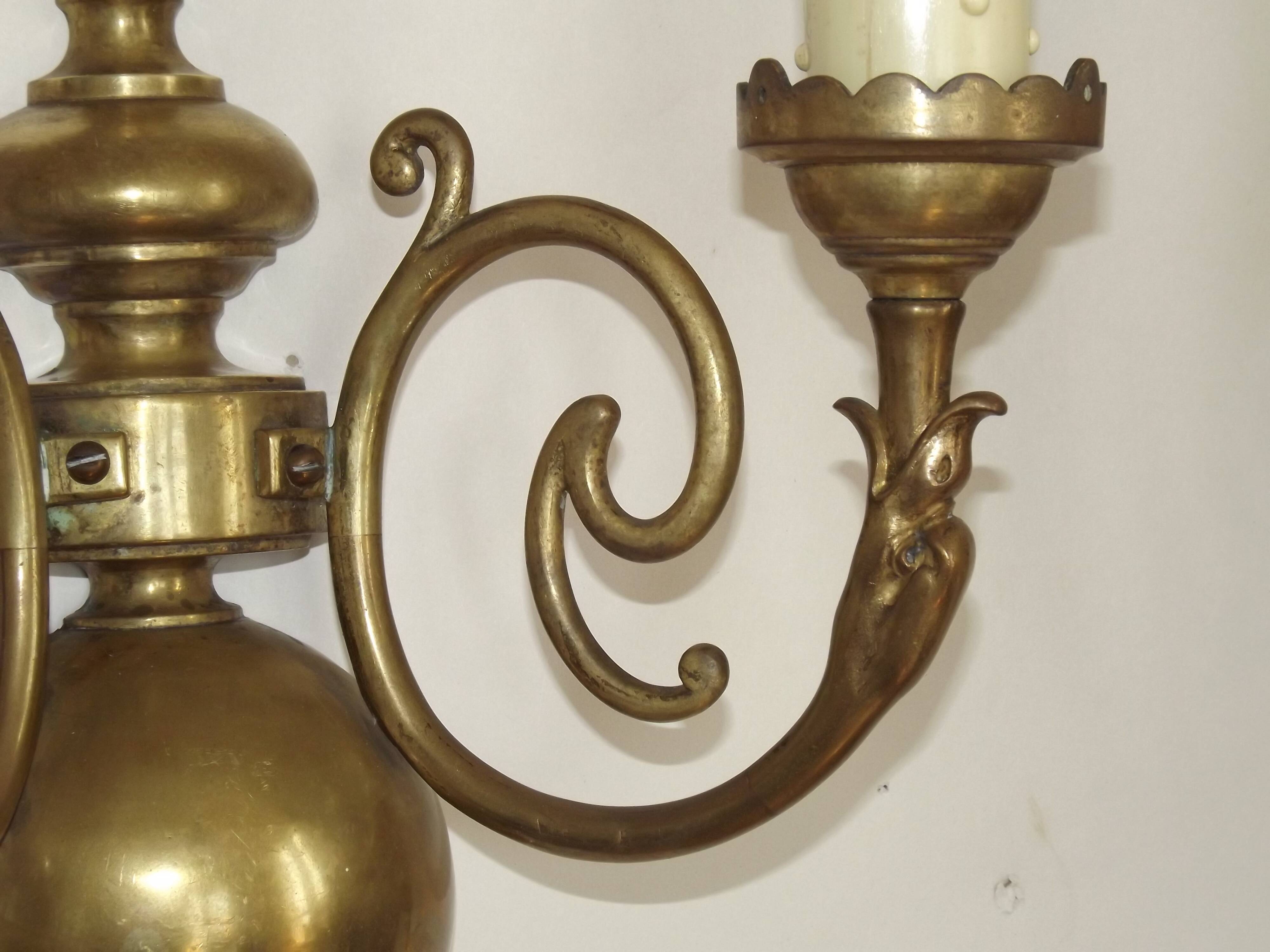 Large Pair of French Vintage Brass Empire Wall Lights with Swan Detail and Glass Shades 4884