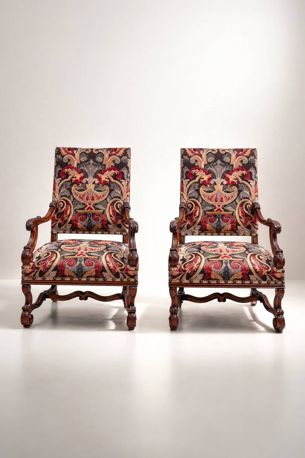Pair of flat-back armchairs in walnut, Louis XIV style.