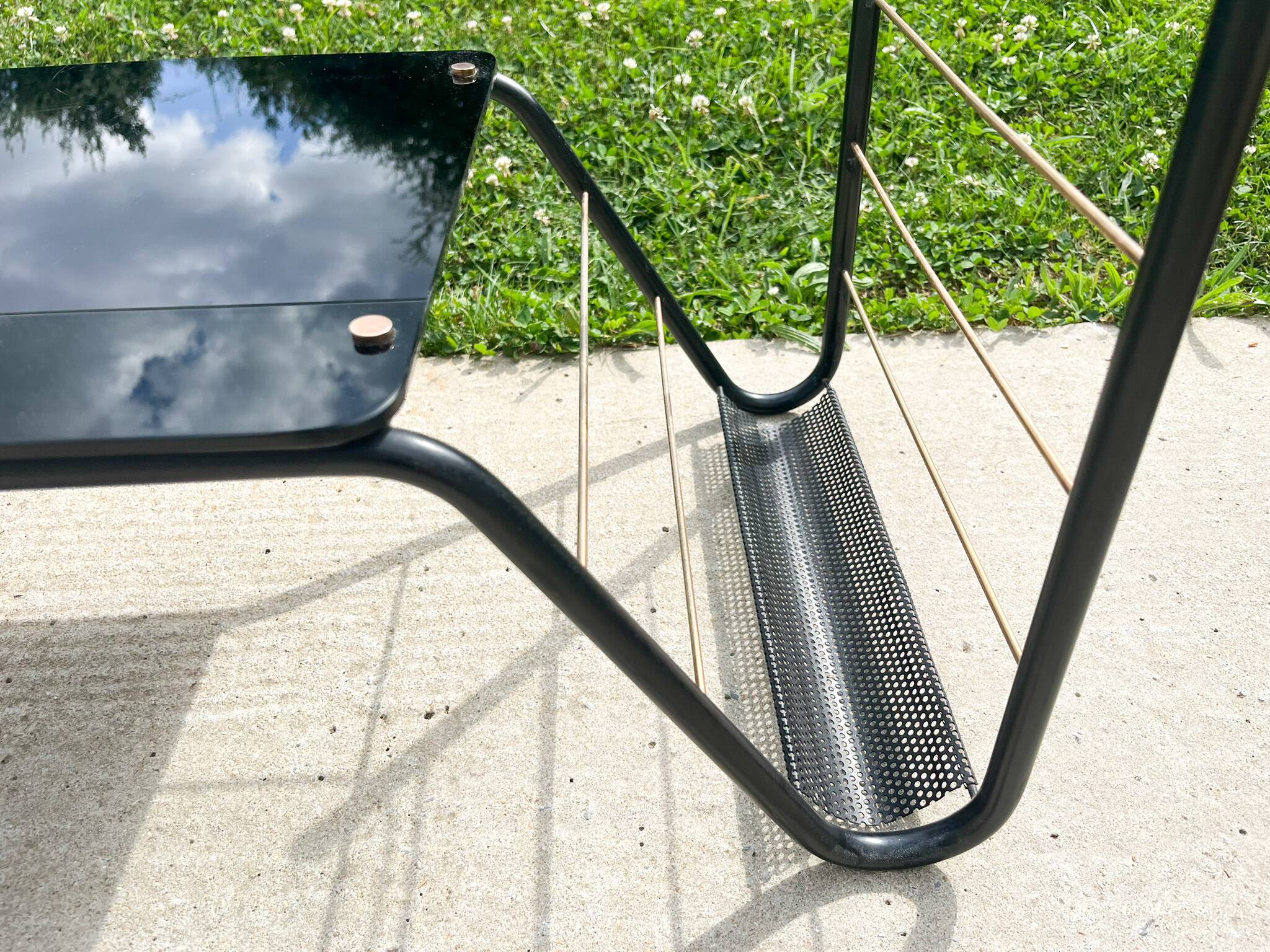 Roche Bobois metal and glass coffee table with magazine rack from the 50s