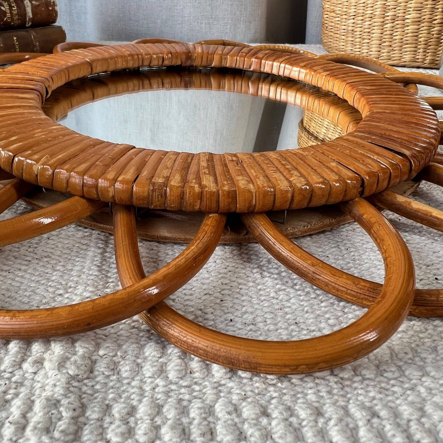 Round vintage wicker mirror