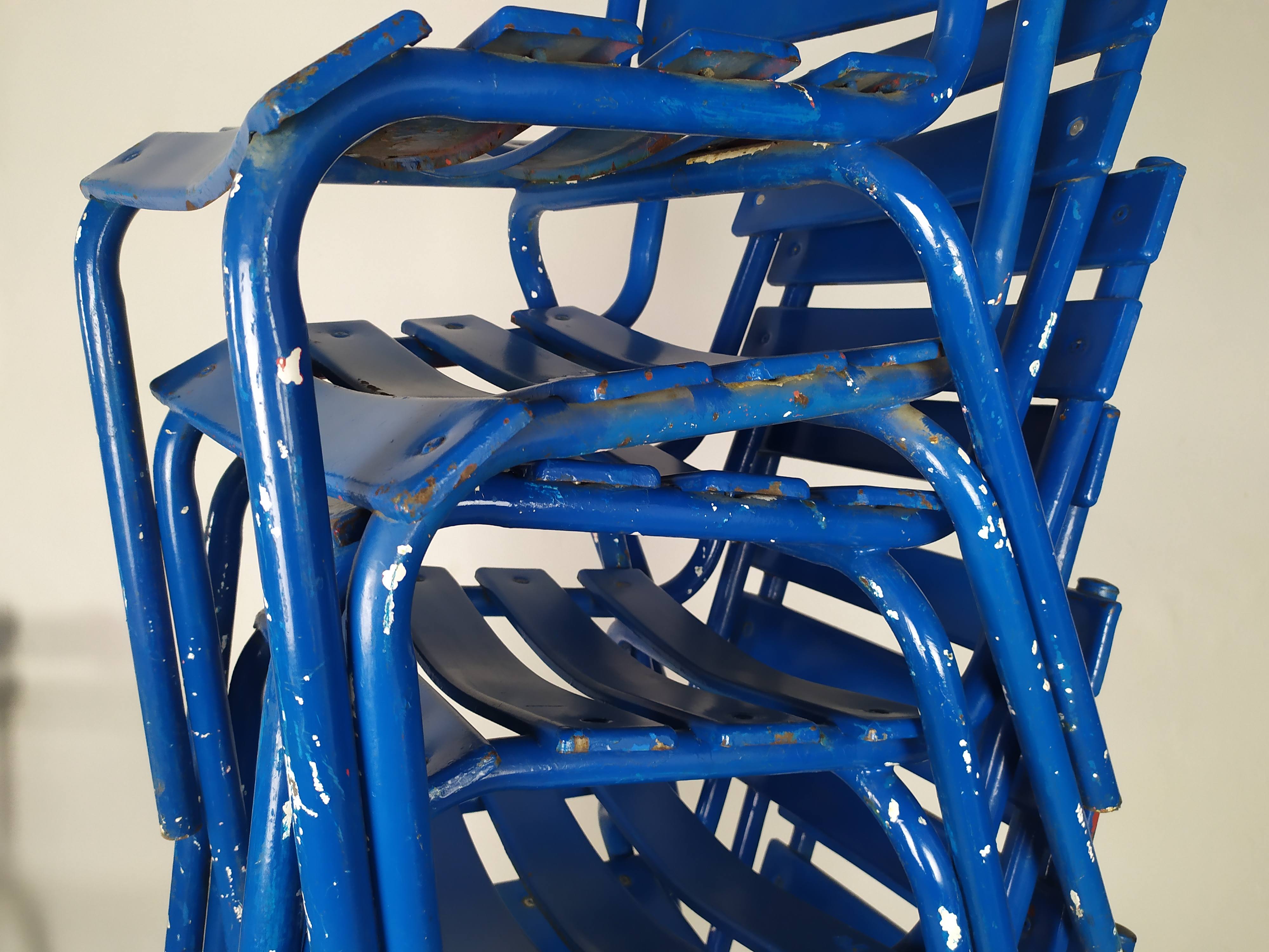 14 blue metal bistro chairs