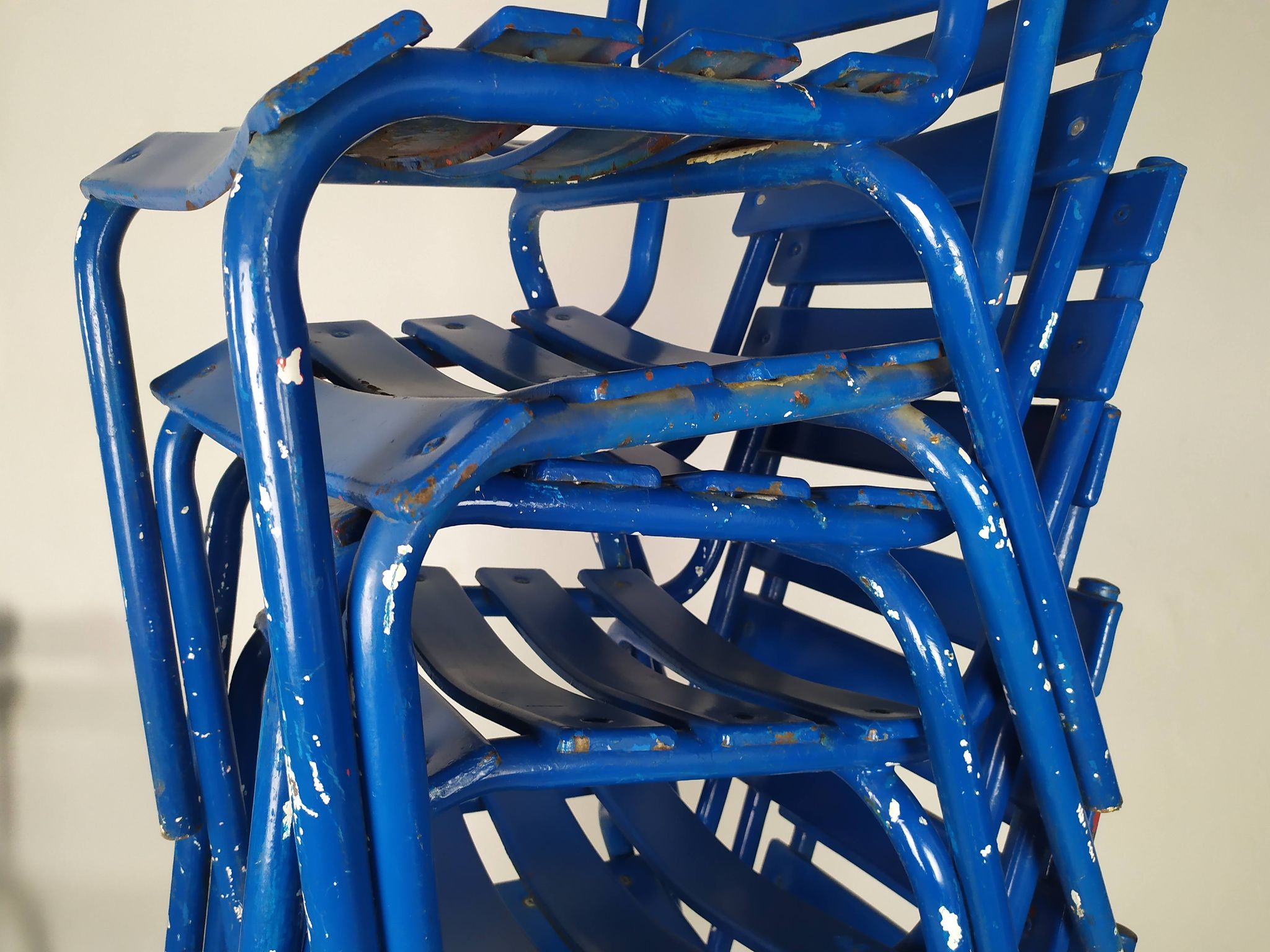 14 blue metal bistro chairs