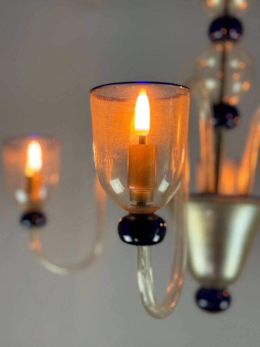 Venetian chandelier in gold and dark blue Murano glass, 5 light arms, circa 1960