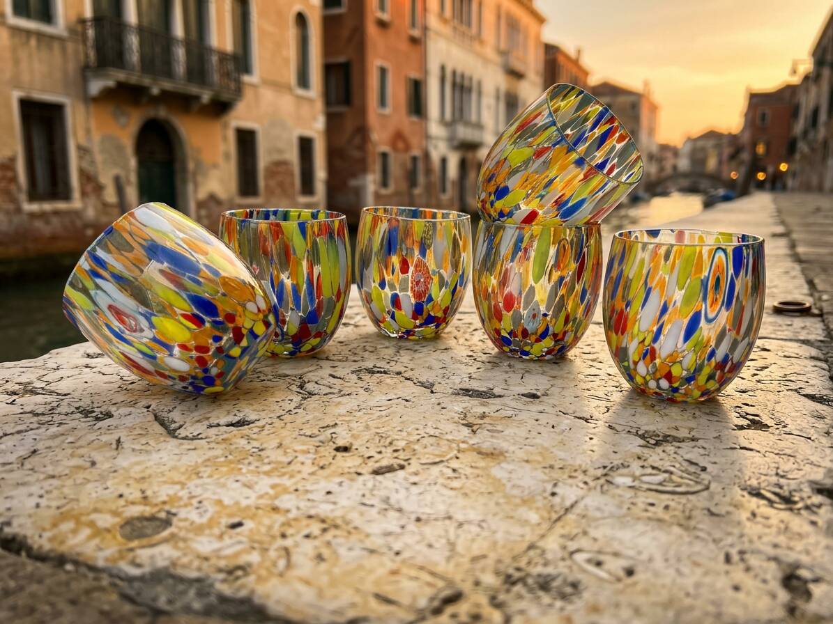 Set of 6 blown glass glasses with Murano murrine.