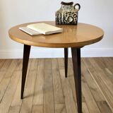 Table basse tripode en bois et marqueterie bicolore design scandinave 1950