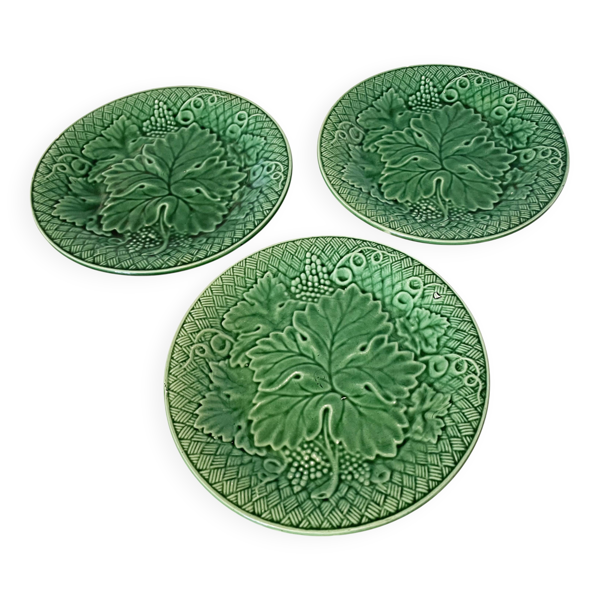 Set of Three 19th Century Salins Dessert Plates with Green Vine Leaf Motif