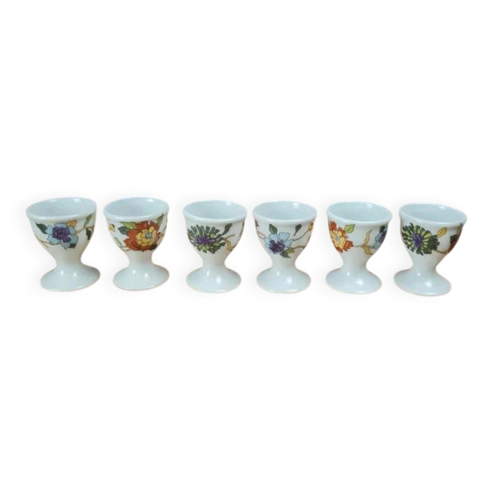 Set of 6 antique egg cups in porcelain from Paris + wooden stand