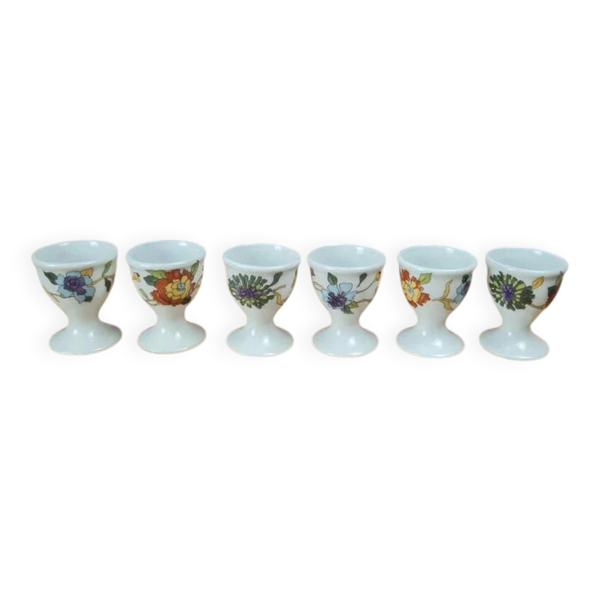Lot de 6 coquetiers anciens en porcelaine de Paris + support bois