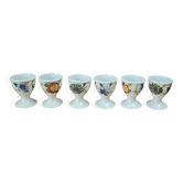 Set of 6 antique egg cups in porcelain from Paris + wooden stand
