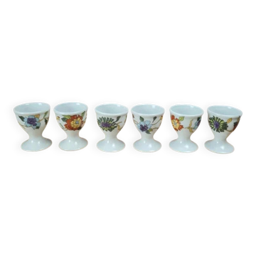 Set of 6 antique egg cups in porcelain from Paris + wooden stand