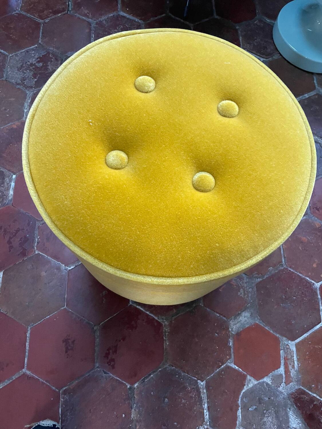 India Mahdavi velvet pouffe stool