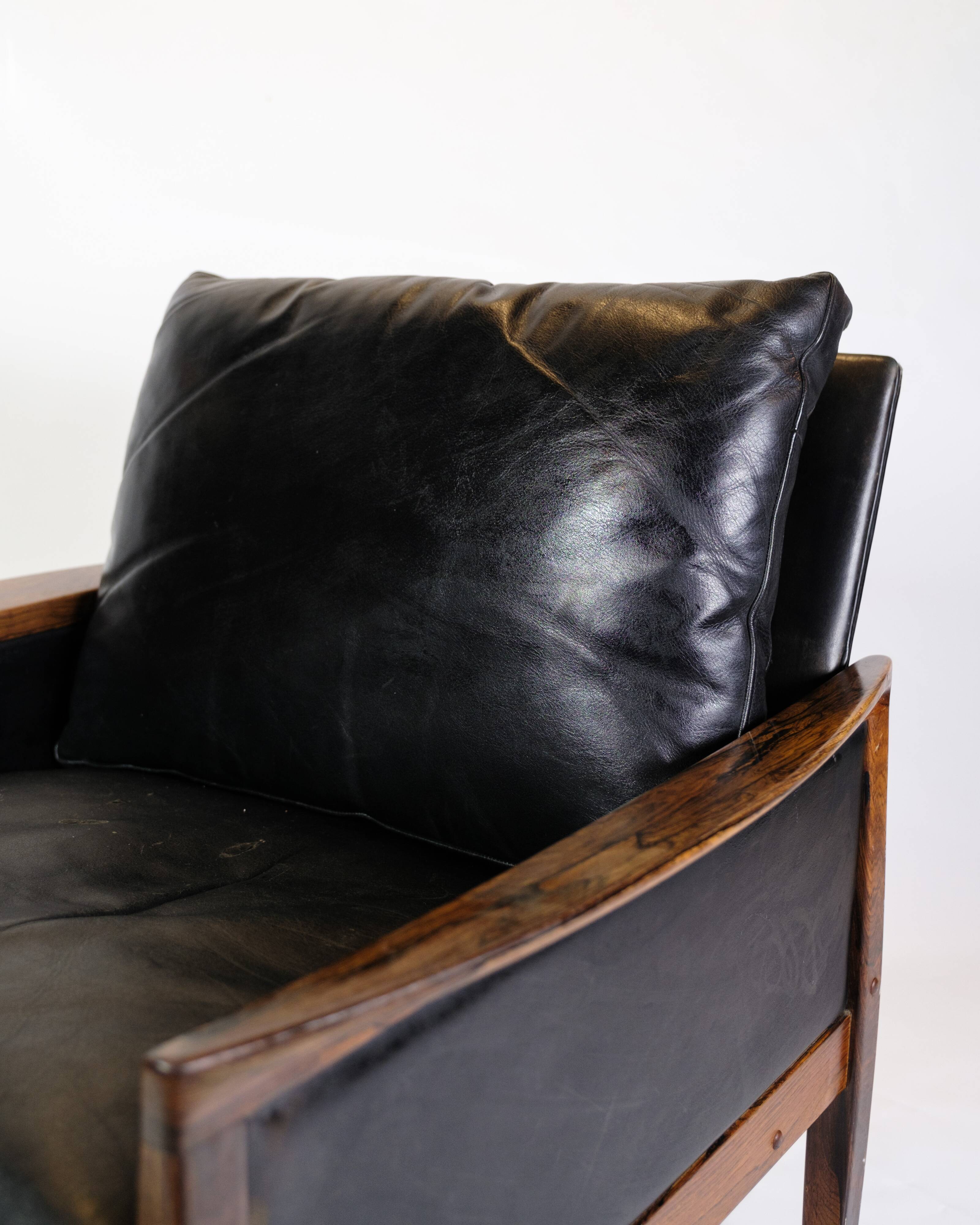 Armchair Made In Rosewood & Black Leather Cushions By Hans Olsen From 1960s