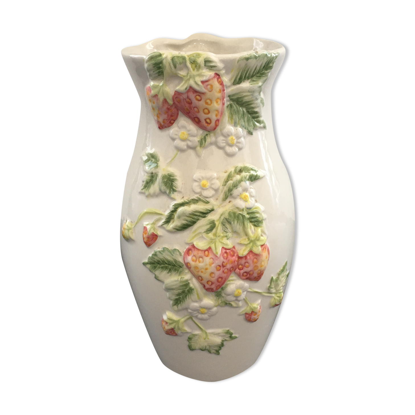 Vase decorated with strawberries in slip