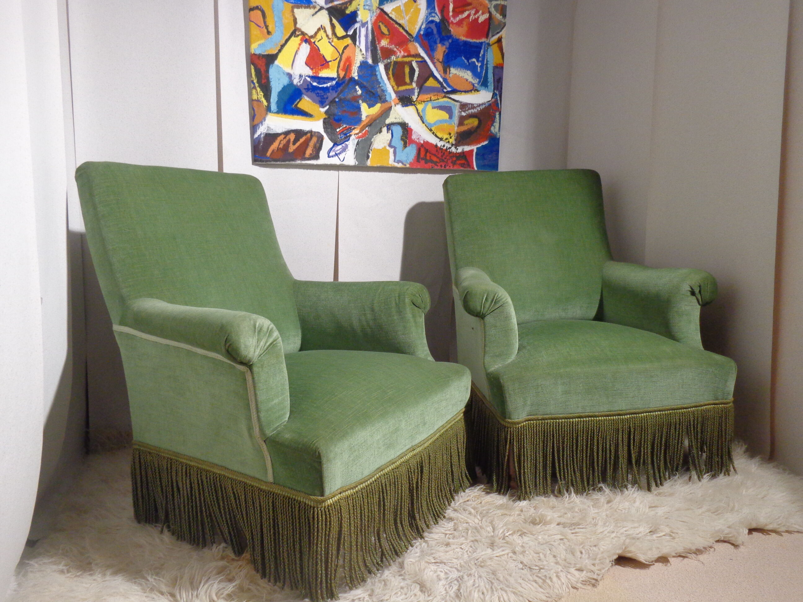 Pair of toad armchairs in green velvet