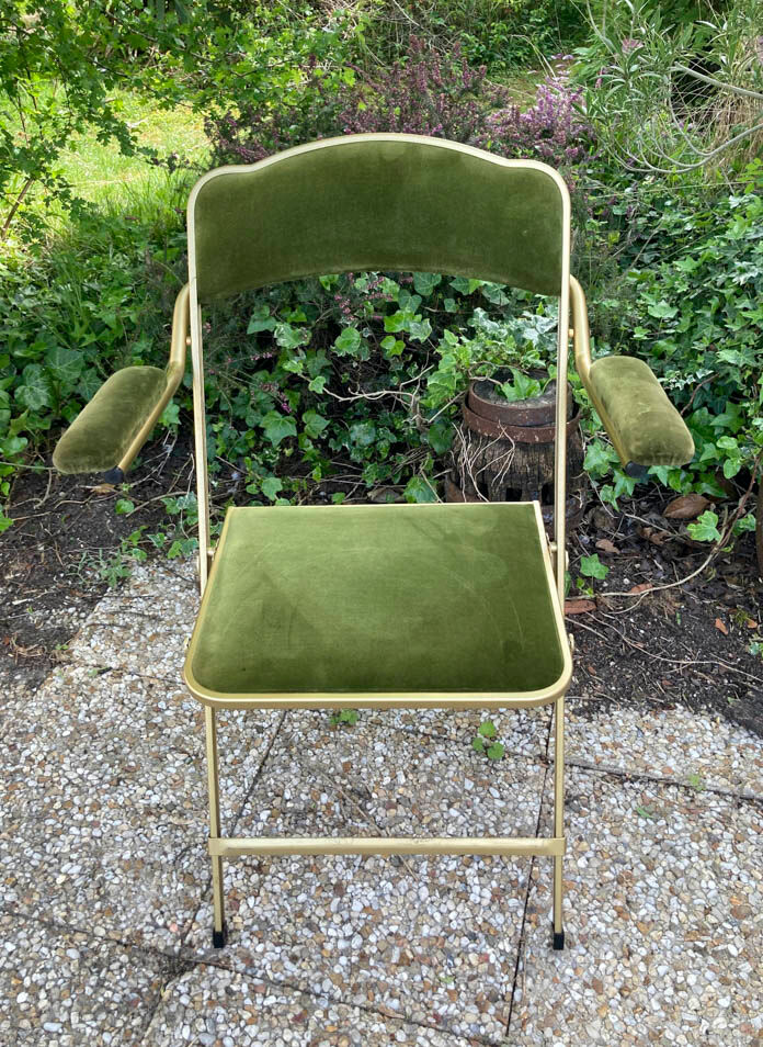 Set of 4 vintage folding armchairs in green velvet