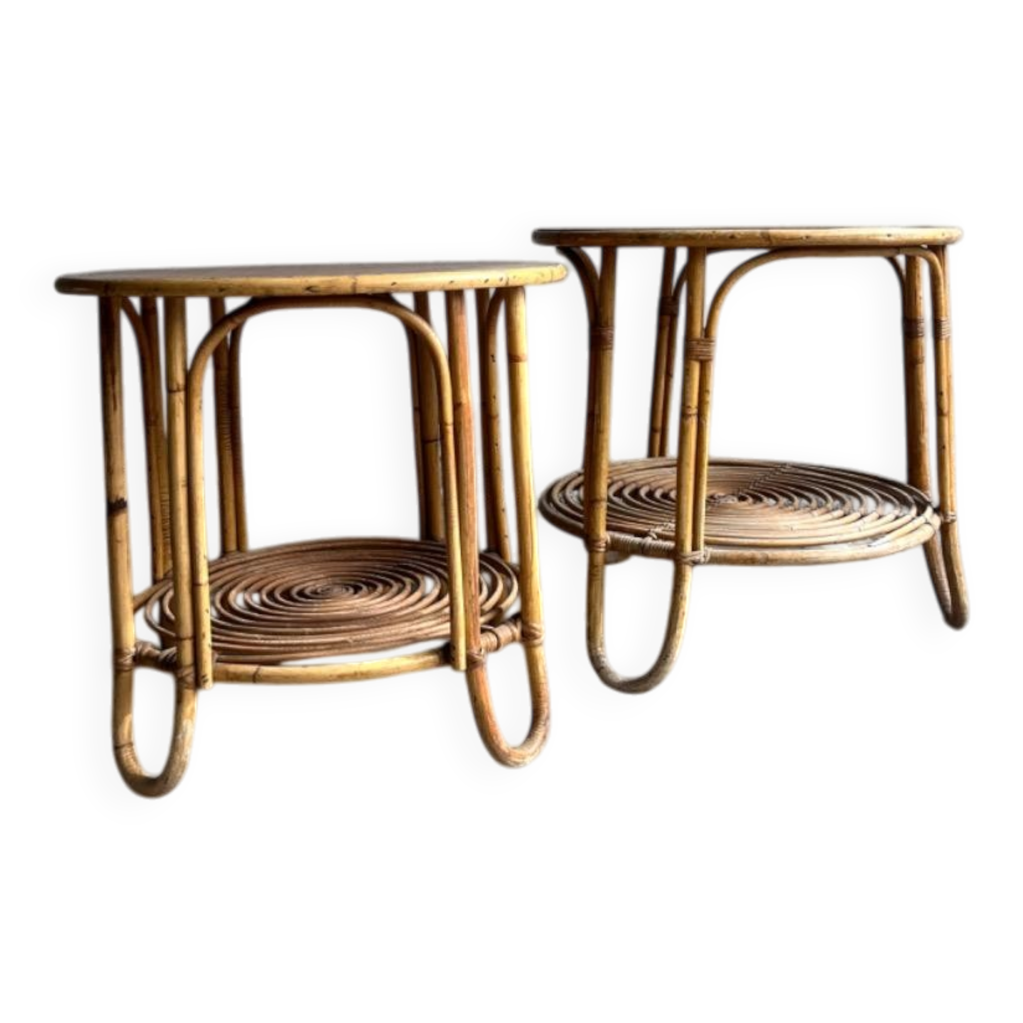 Set of 2 Natural Rattan and Glass Side Tables, 1960s Rohé Noordwolde Style