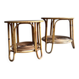 Set of 2 Natural Rattan and Glass Side Tables, 1960s Rohé Noordwolde Style