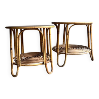 Set of 2 Natural Rattan and Glass Side Tables, 1960s Rohé Noordwolde Style