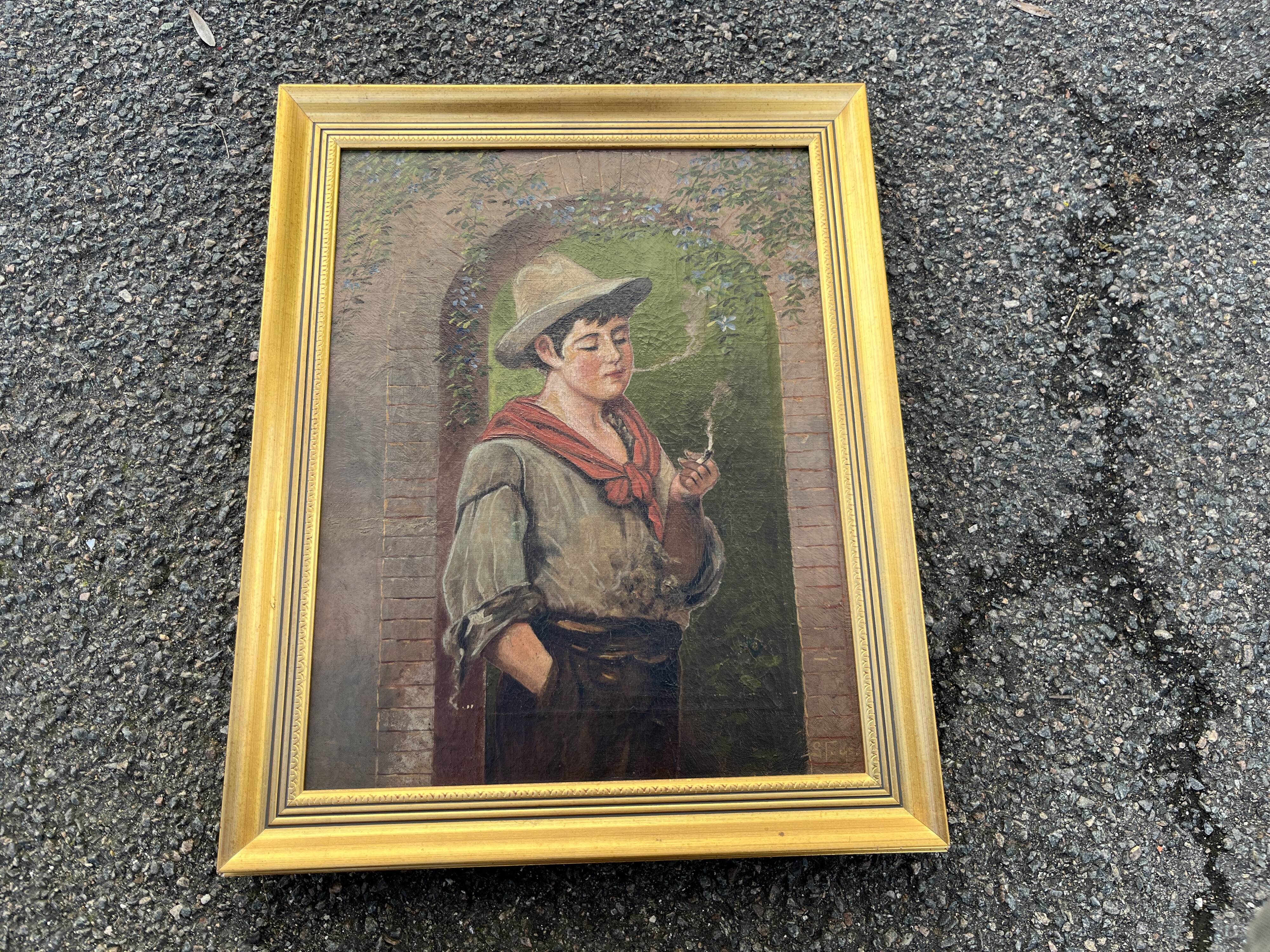 Tableau ancien - Huile sur toile "Le jeune fumeur" - Signé - Cadre doré XIX