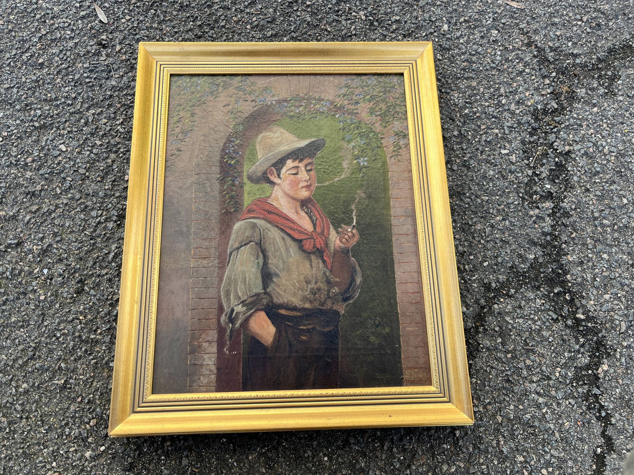 Antique painting - Oil on canvas "The Young Smoker" - Signed - Gilded frame 19th century