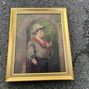 Antique painting - Oil on canvas "The Young Smoker" - Signed - Gilded frame 19th century