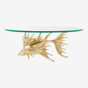 Coffee table unique sculpture brass fish by Alain Chervet 1977