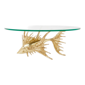 Table basse sculpture unique laiton poisson par Alain Chervet 1977