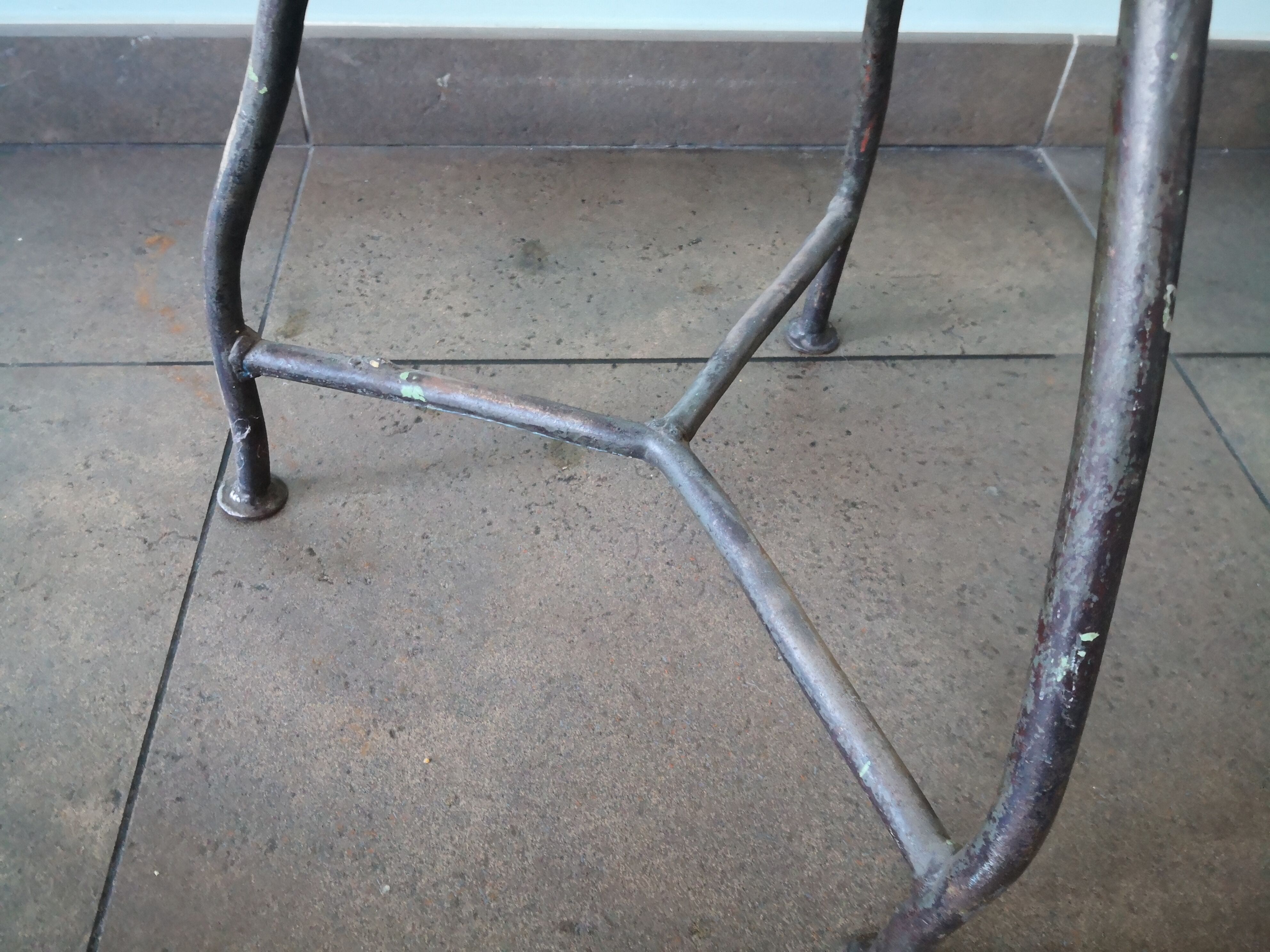 Vintage tripod stool, industrial style wood and metal
