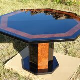 Octagonal table paul michel lacquered black and elm magnifying glass