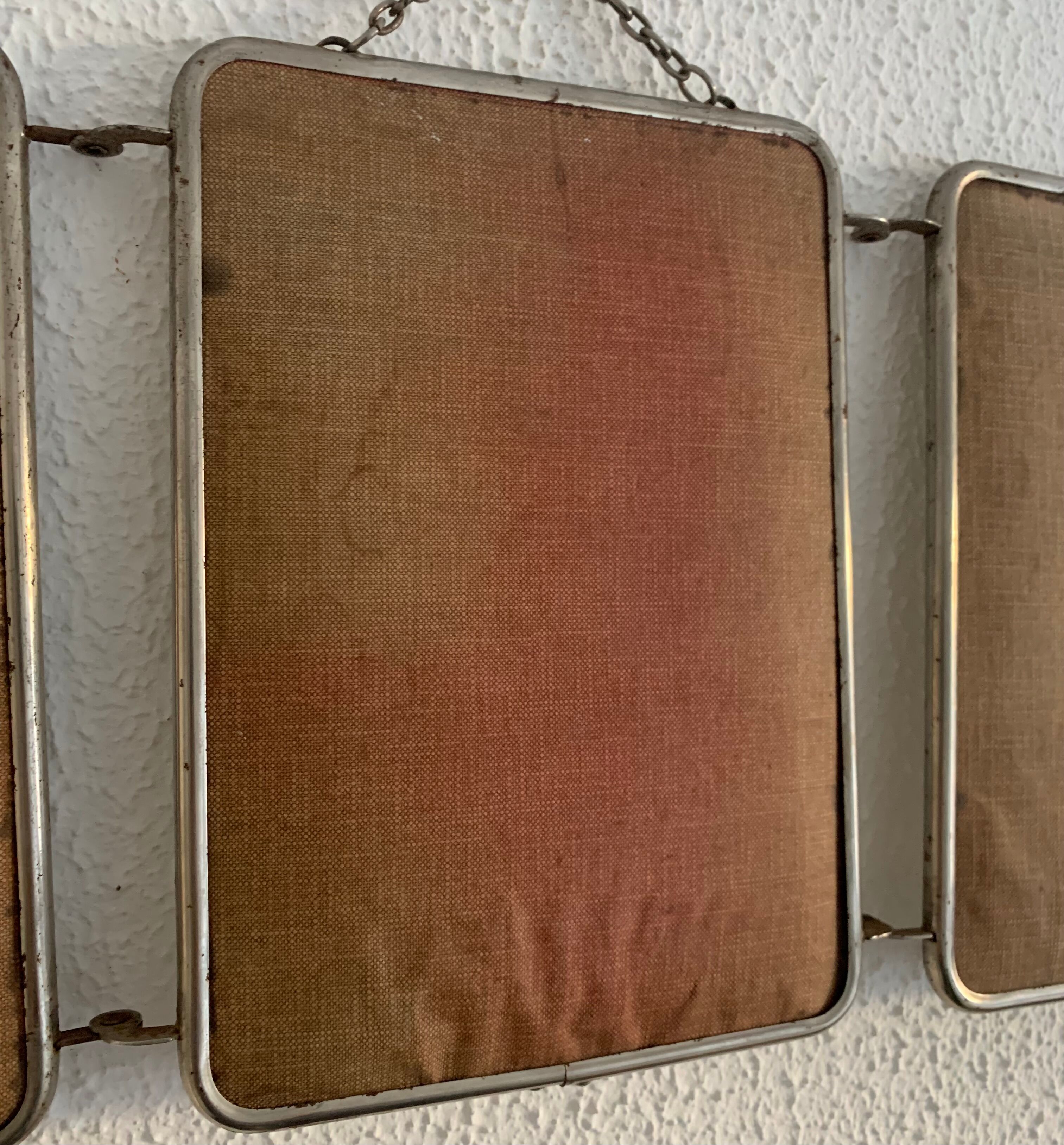 Vintage mirror 1960 triptych barber pink fabric - 21 x 49