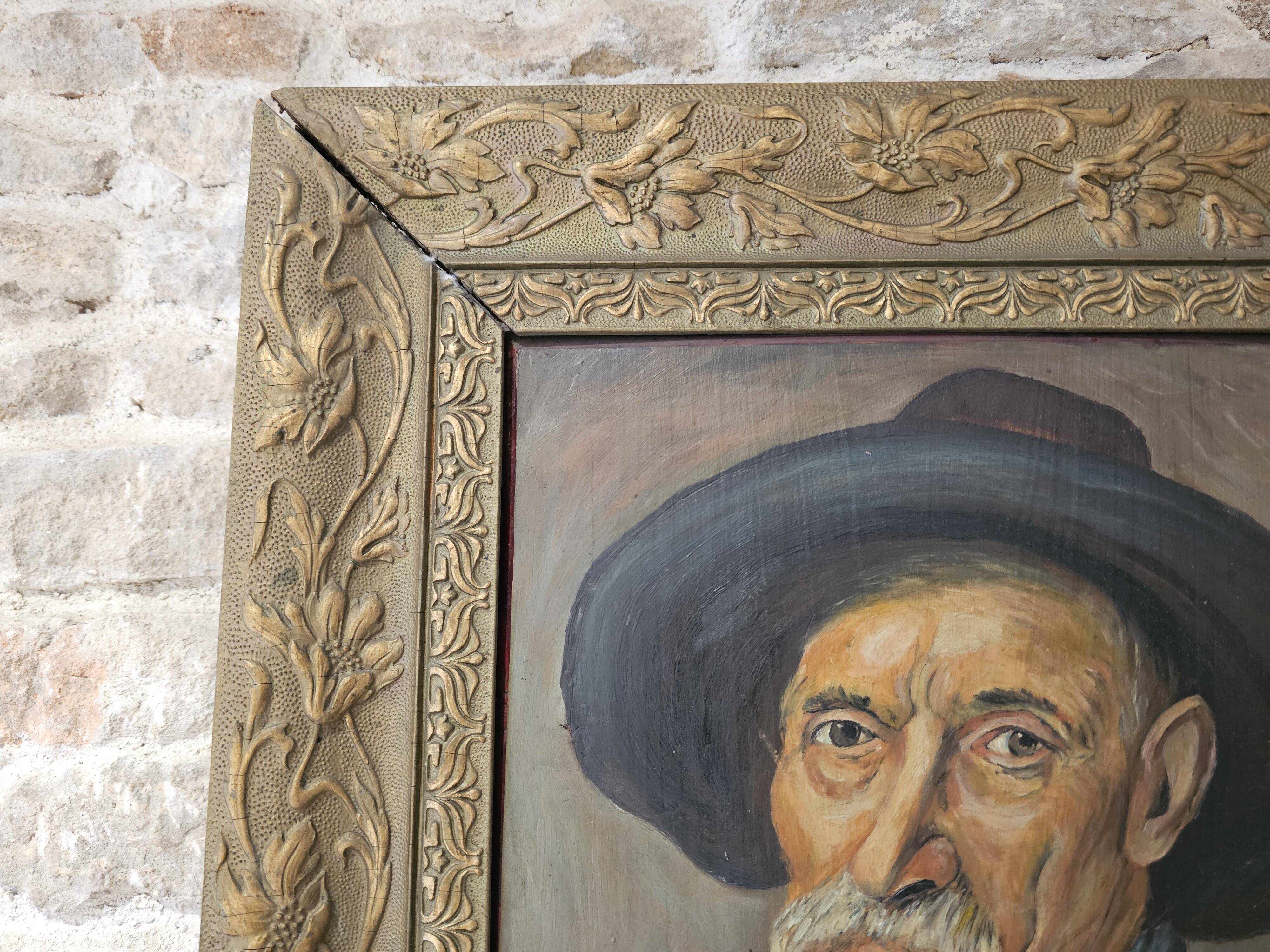 Oil painting on panel, The Mustachioed Man in a Hat, Signed E. Marchal