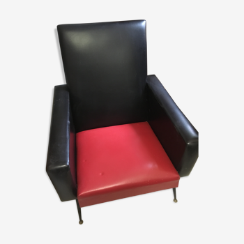Vintage red and black skaï armchair