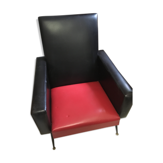 Vintage red and black skaï armchair