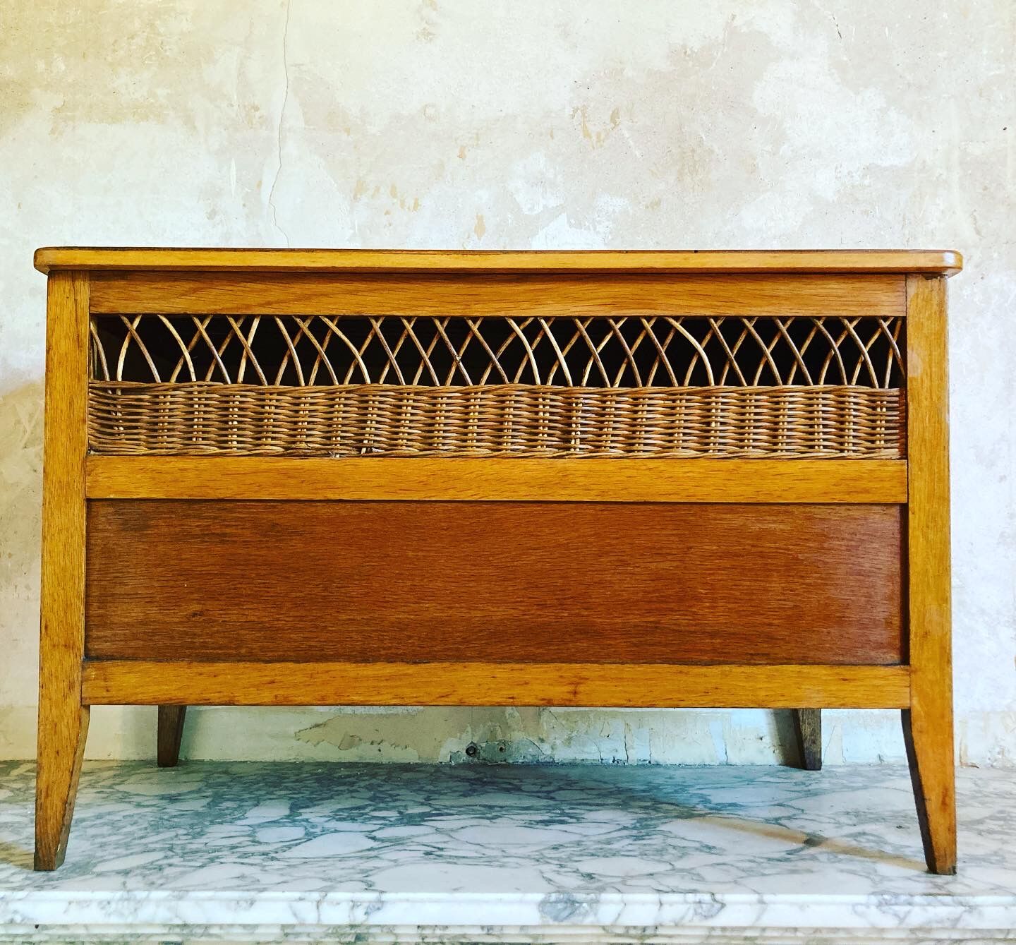 Vintage wooden and rattan toy box