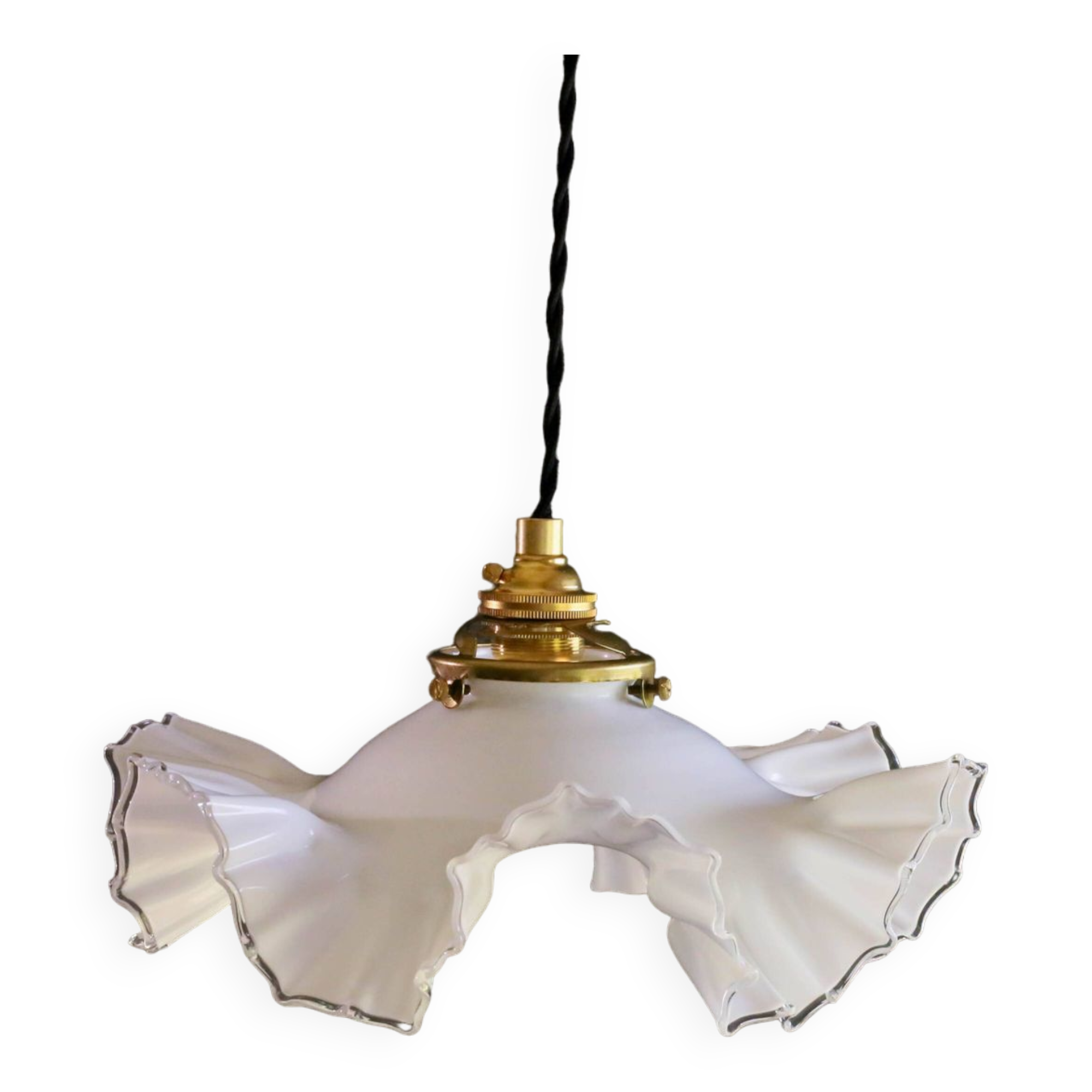Old white glass pendant light with translucent net - circa 1930. Brass socket and new cable