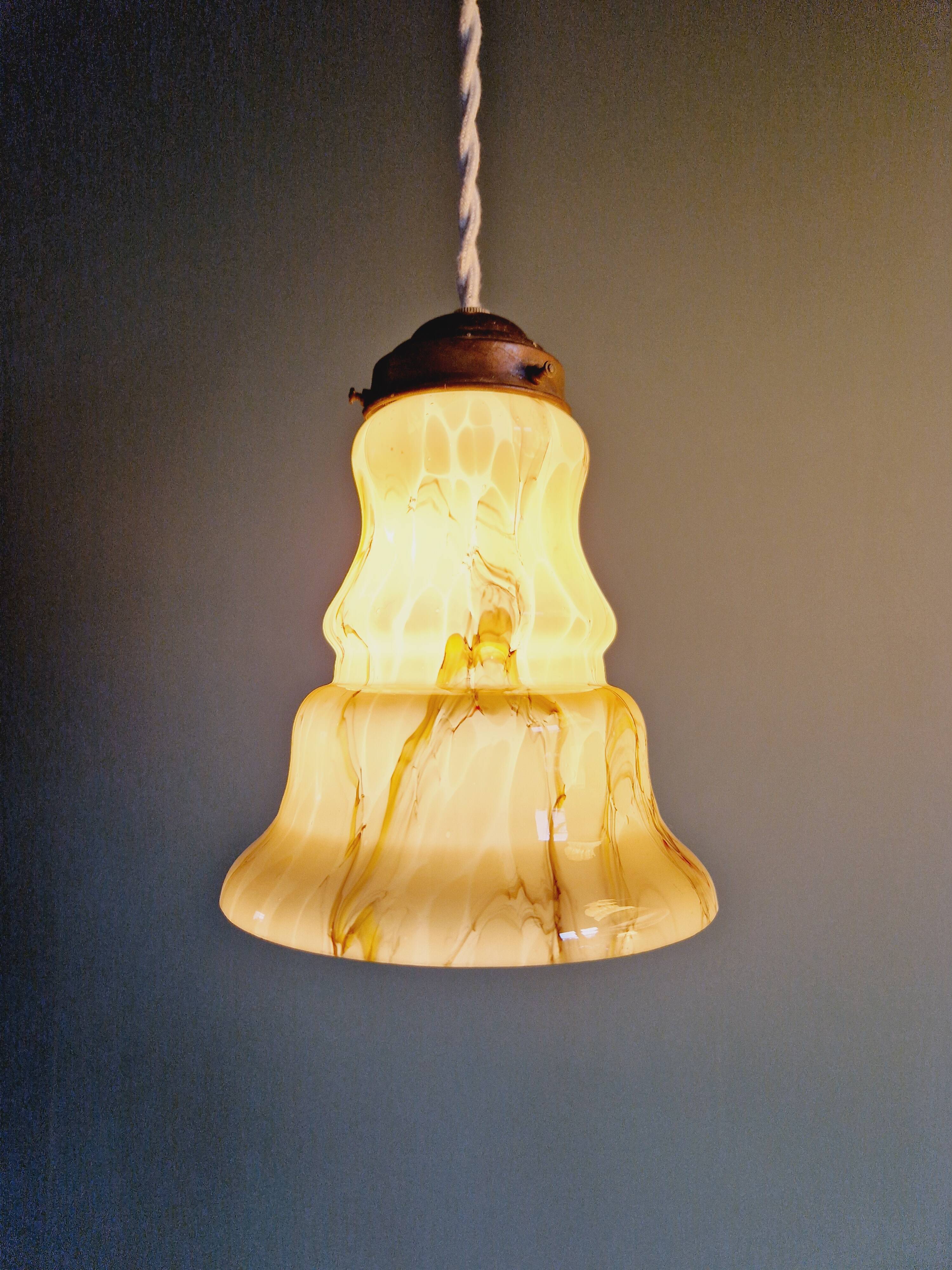 Set of 3 Art Deco marbled opaline pendant lights, 1920s-30s