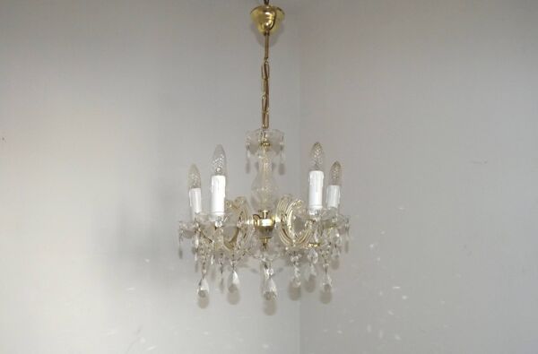 Vintage French Metal Crystal and Glass 5 Arm Paris Chic Style Chandelier