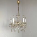 Vintage French Metal Crystal and Glass 5 Arm Paris Chic Style Chandelier