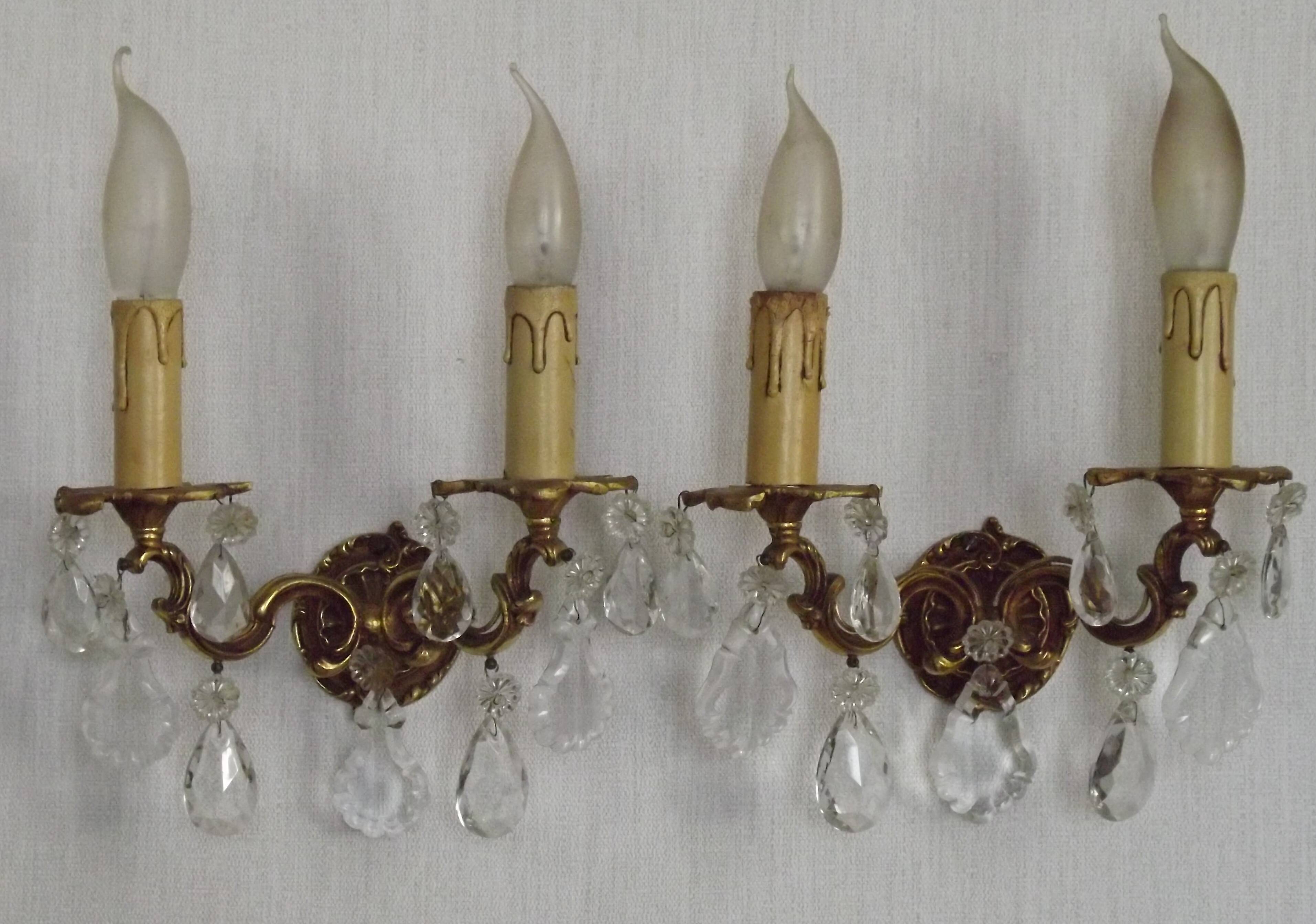 Pair of French Vintage Double Bronze Crystal Wall Lights with Acanthus Detail