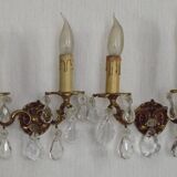 Pair of French Vintage Double Bronze Crystal Wall Lights with Acanthus Detail