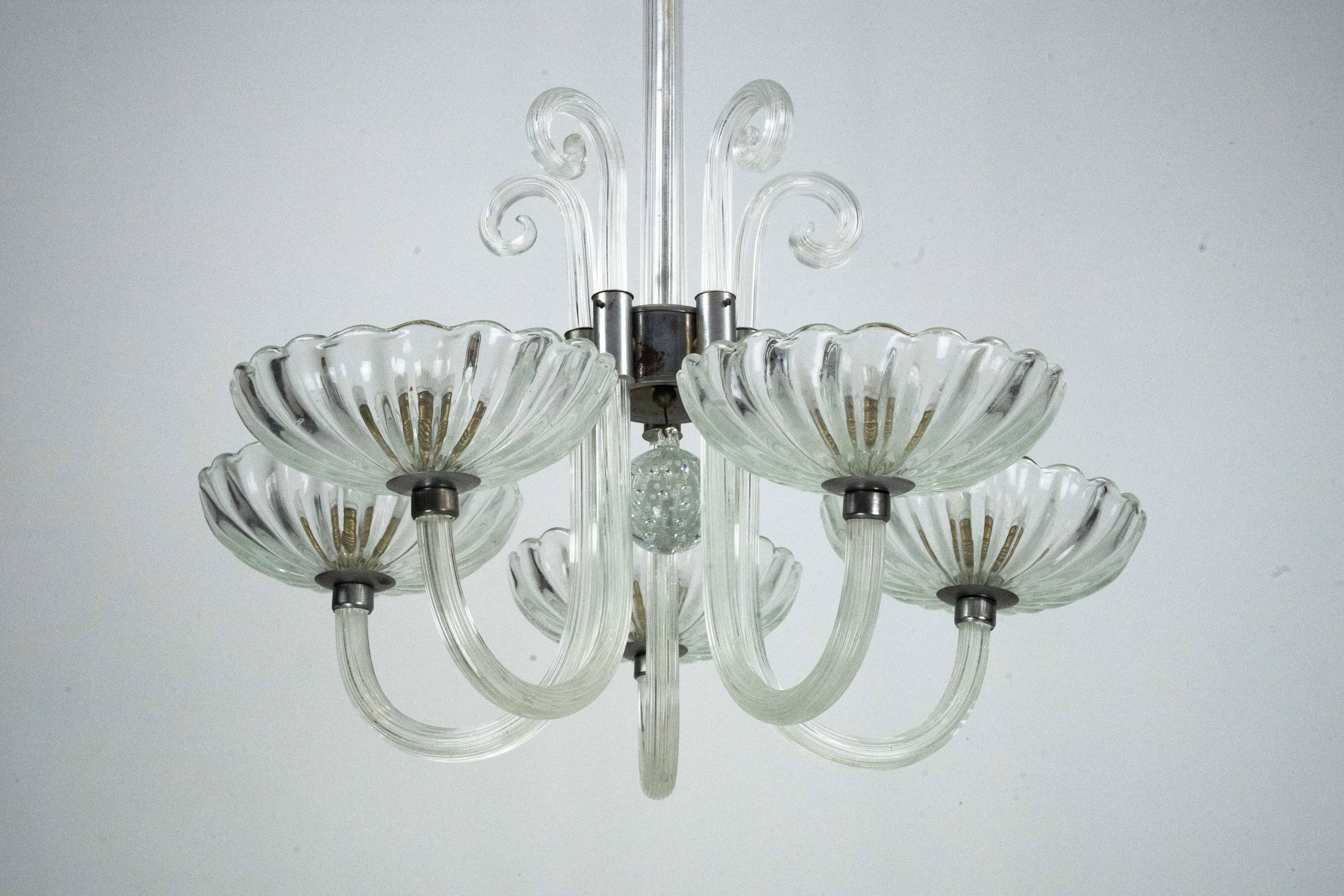 Rare Art Deco Italian Five-Arm Murano Glass Chandelier attributed to Seguso