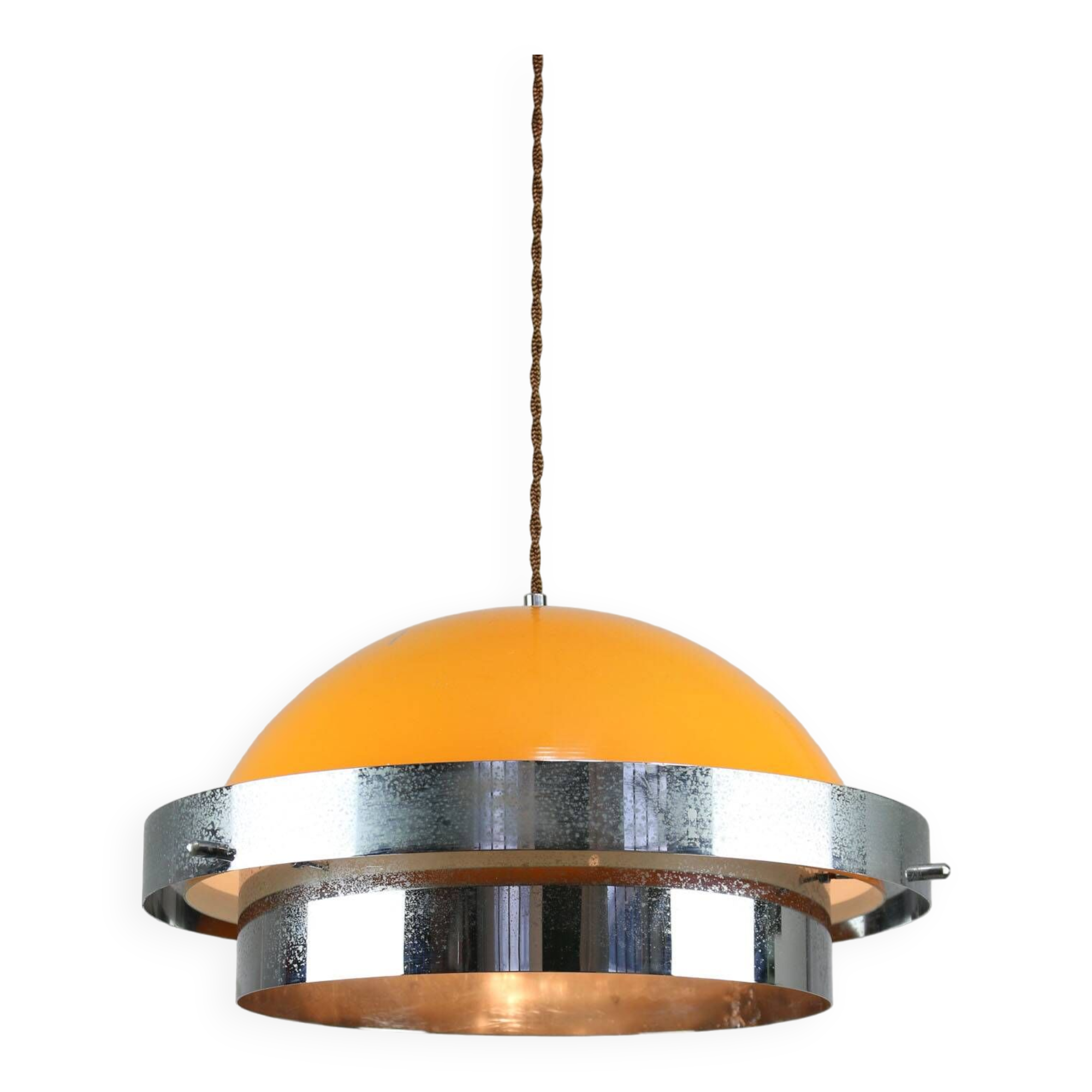 Space Age Italian Orange and Chrome Metal Pendant Lamp, 1970s