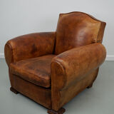 French moustache back cognac-colored leather club chair, 1940s
