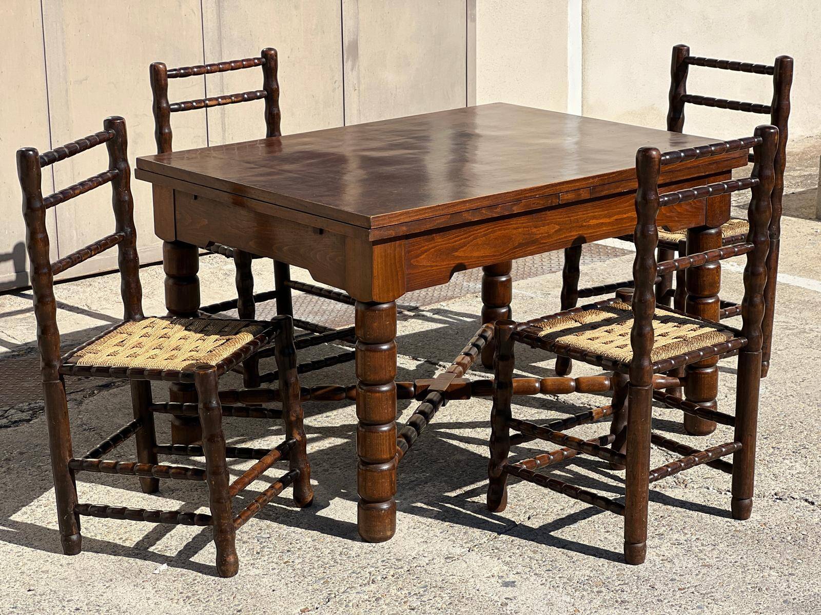 4 wooden and rope bobbin leg chairs attributed to Charles Dudouyt 1940
