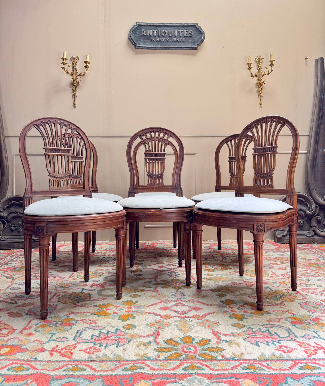 Set of six Louis XV style natural wood sheaf back chairs
