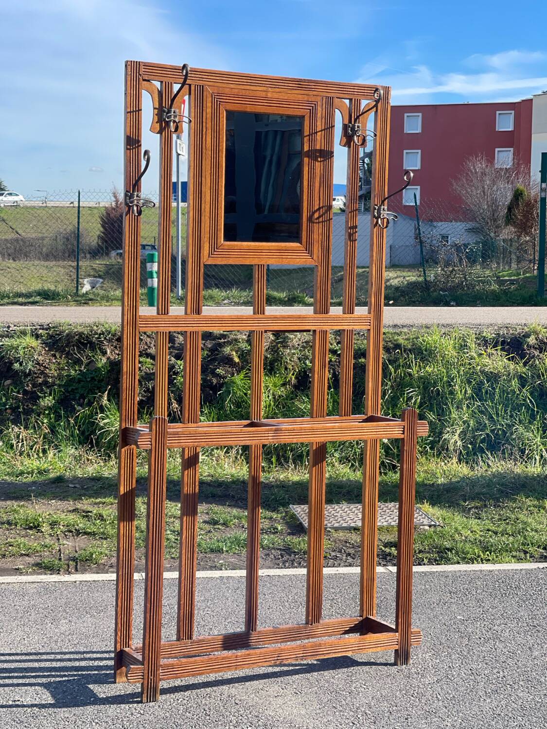 Large clothing rack/bistro mirror coat rack in oak - France 1950