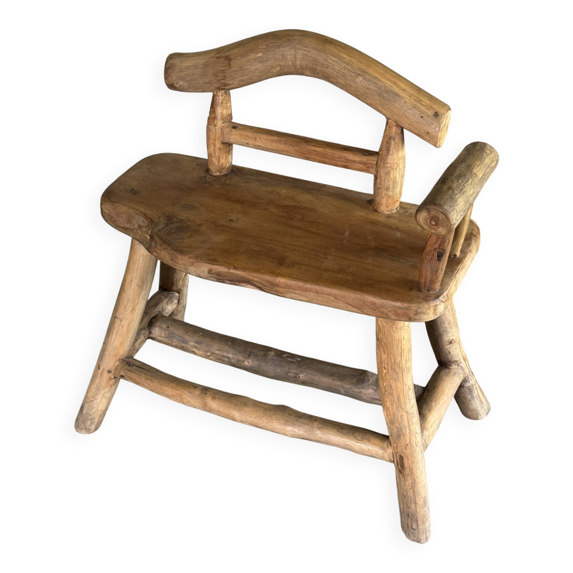 Small brutalist bench with backrest and armrests in Asian blonde teak H67 L6