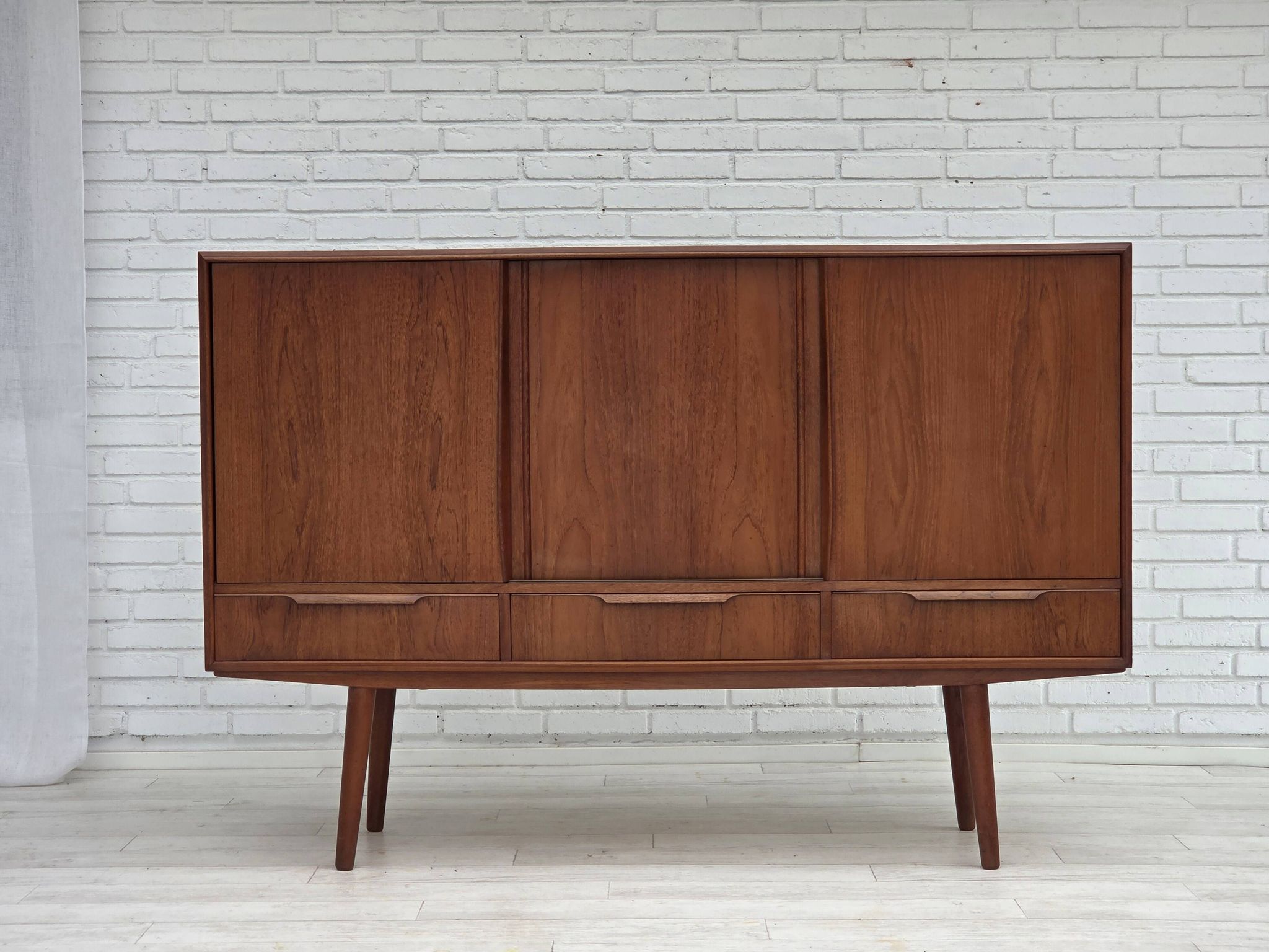 1960s, Danish chest of drawers, teak wood, mirror inside, sliding doors.